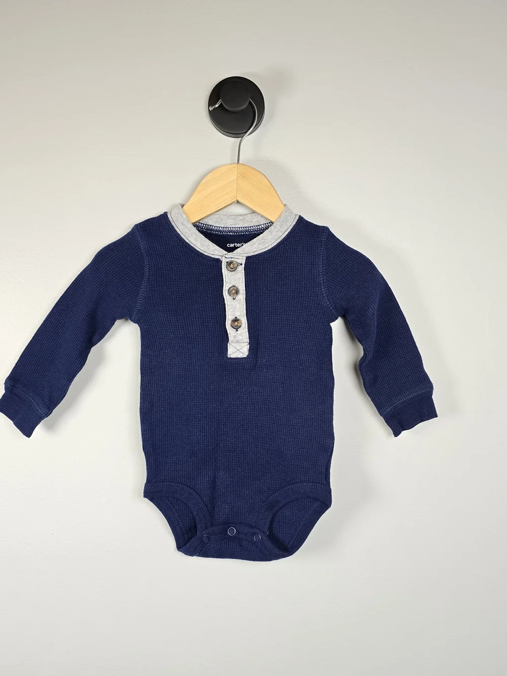 Carter's Long-Sleeve Waffle Knit Henley One-Piece Bodysuit - Navy & White Bundle